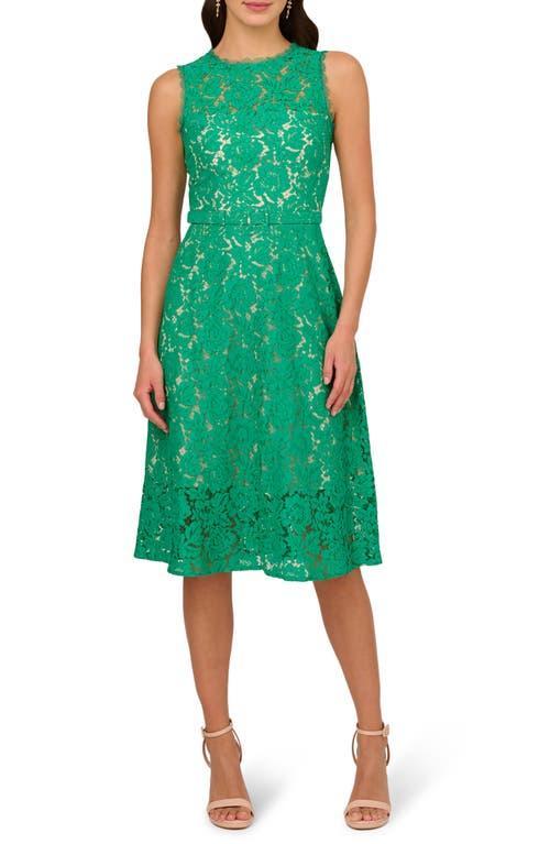 Adrianna Papell Belted Sleeveless Lace Midi Dress Product Image