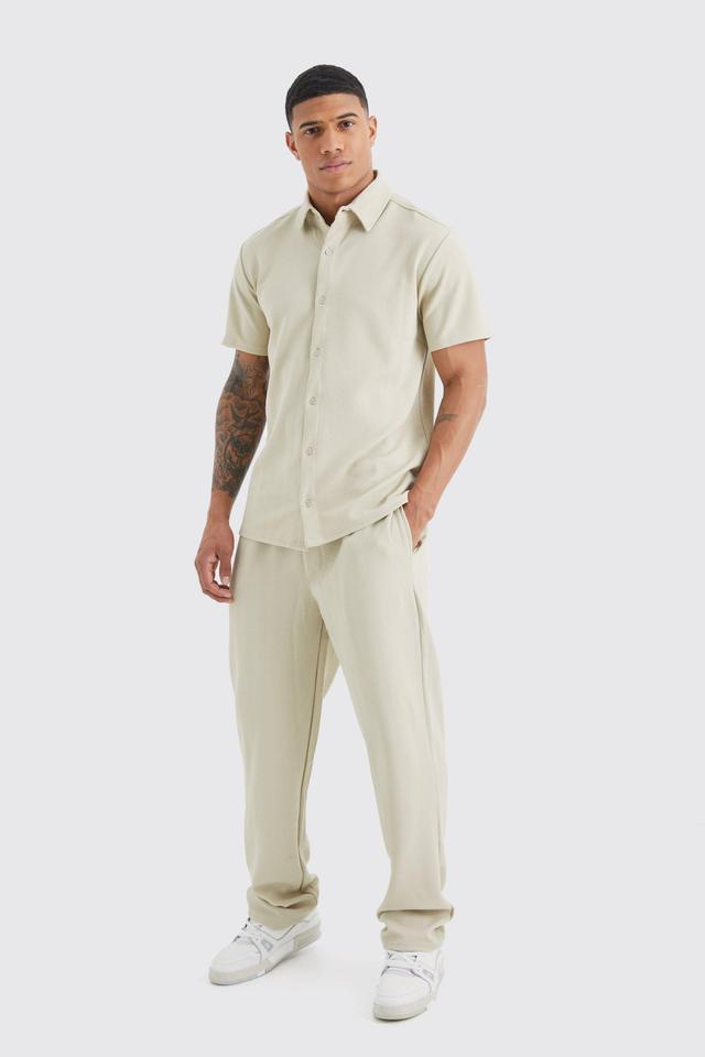 Short Sleeve Jersey Herringbone Shirt And Pants Set | boohooMAN USA Product Image