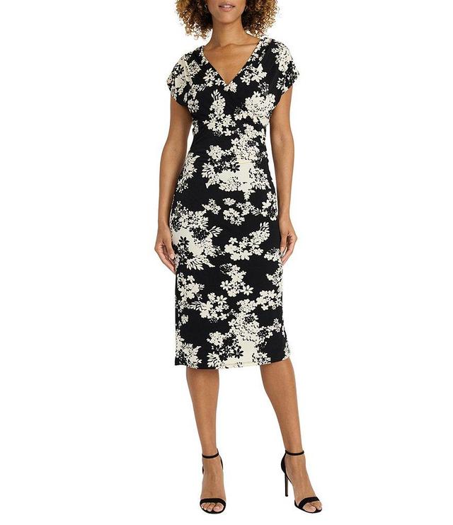 Maggy London Floral Print Matte Jersey V-Neck Short Sleeve Midi Dress Product Image