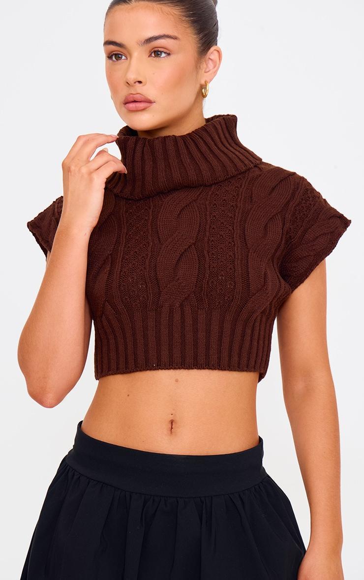 Chocolate Cable Knit Roll Neck Cap Sleeve Cropped Vest Product Image