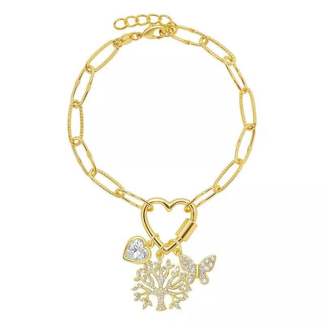 Brilliance 18k Gold Cubic Zirconia Heart, Family Tree and Butterfly Charm Cluster Bracelet, Womens Gold Tone White Product Image