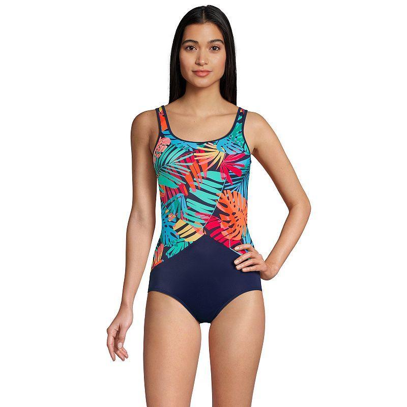 Womens Lands End Tugless Sporty UPF 50 One-Piece Swimsuit Blue Team Palm Product Image