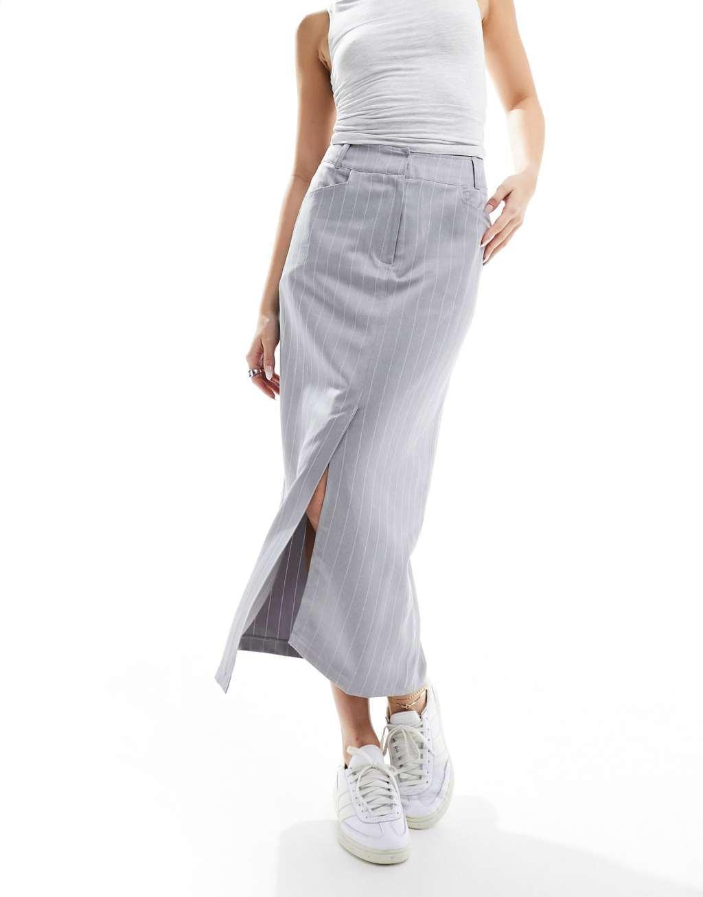 Miss Selfridge tailored maxi skirt in gray pinstripe product image