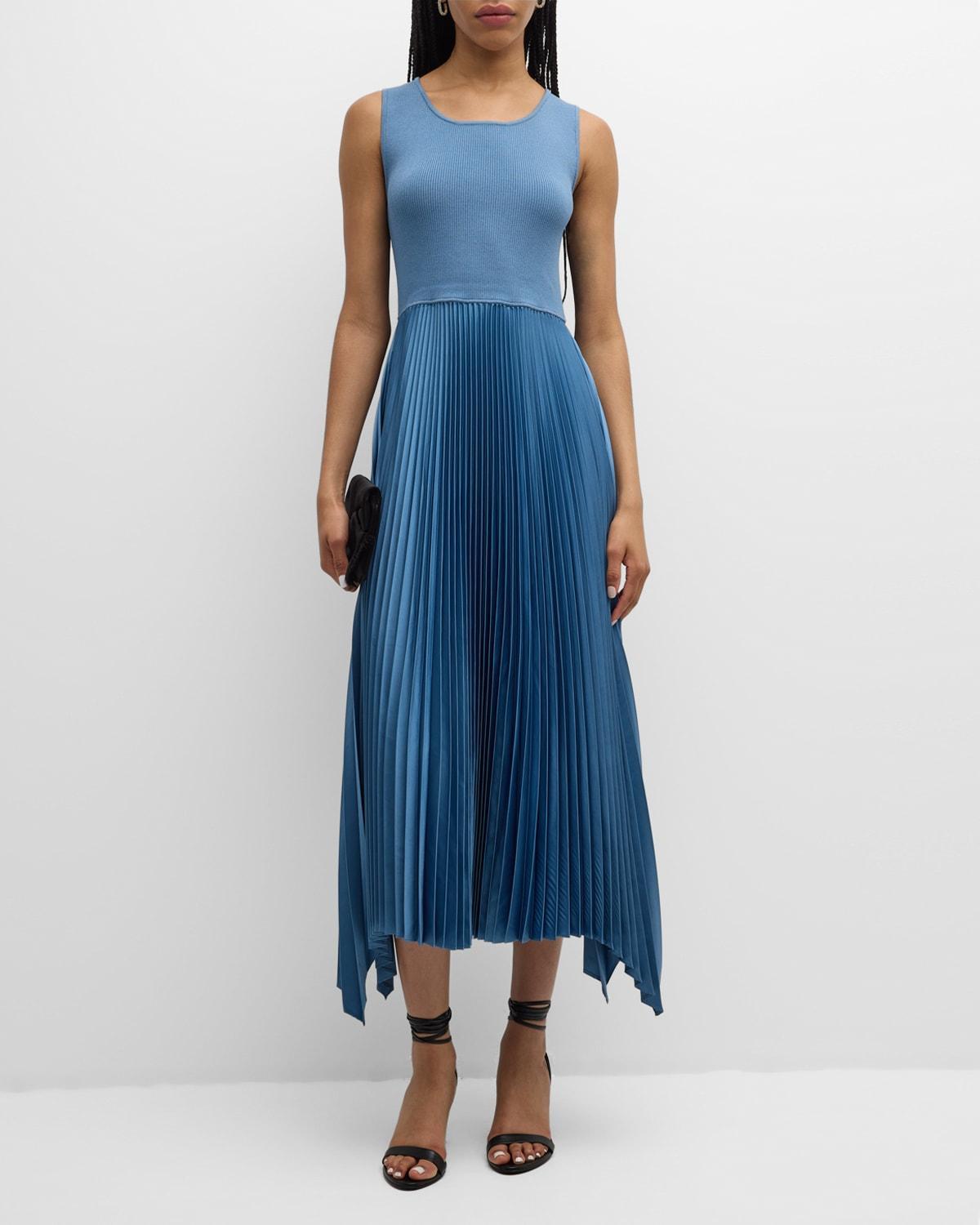 Womens Mixed Media Pleated Midi-Dress Product Image