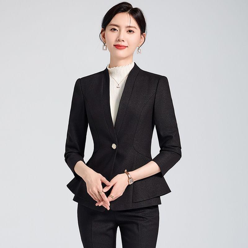 Set: Collarless Plain Single Breasted Blazer + Mid Rise Plain Slacks Product Image