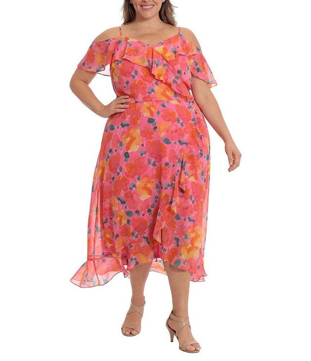 London Times Plus Size Watercolor Floral Print Chiffon V-Neck Ruffle Cold Shoulder Cap Sleeve Tulip Hem Faux Wrap Midi Dres Product Image