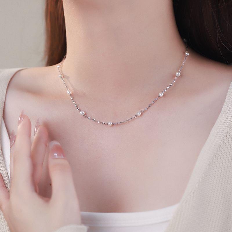 925 Sterling Silver Faux Pearl Necklace Product Image