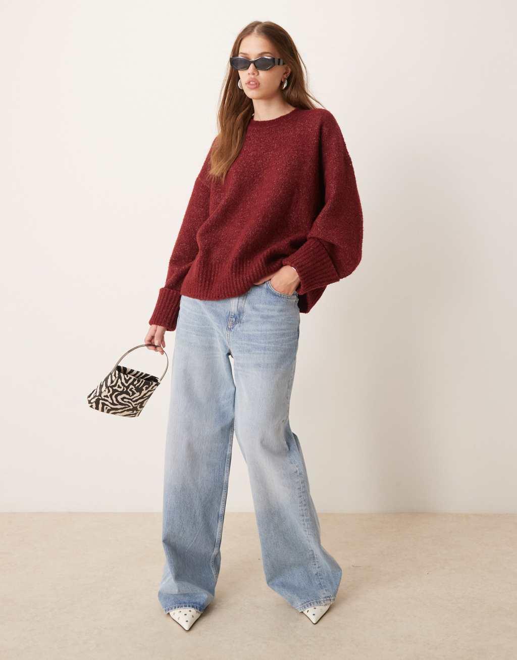 Pretty Lavish oversized borg sweater in burgundy Product Image