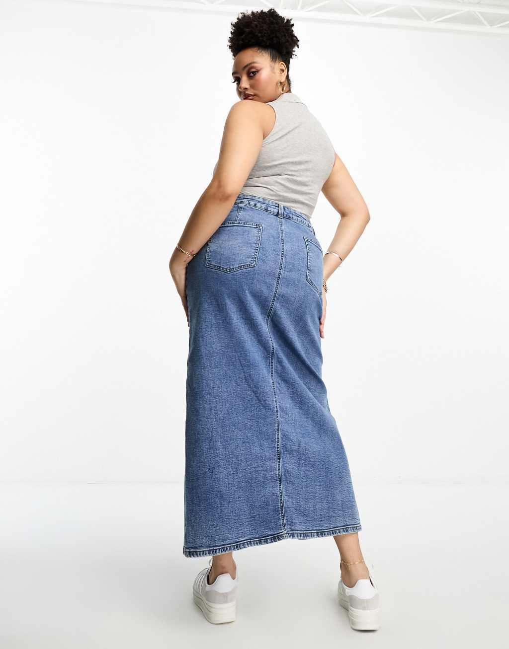 ASOS DESIGN Curve denim maxi skirt with split hem in midwash Product Image