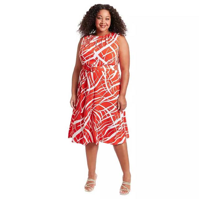 Plus Size London Times Belted Keyhole-Neck Midi Dress, Womens Product Image