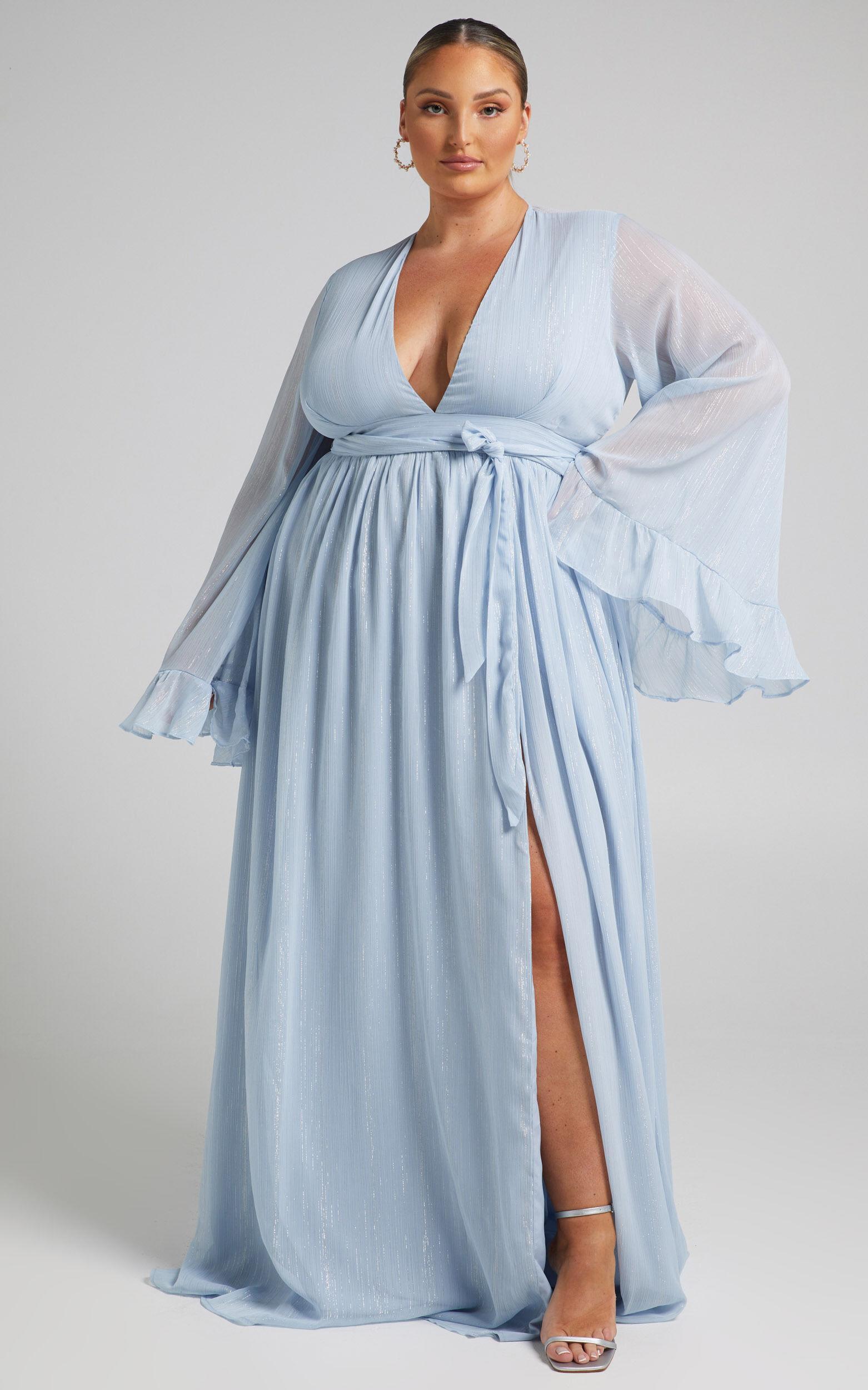 Dangerous Woman Maxi Dress - Plunge Thigh Split Dress in Light Blue Product Image