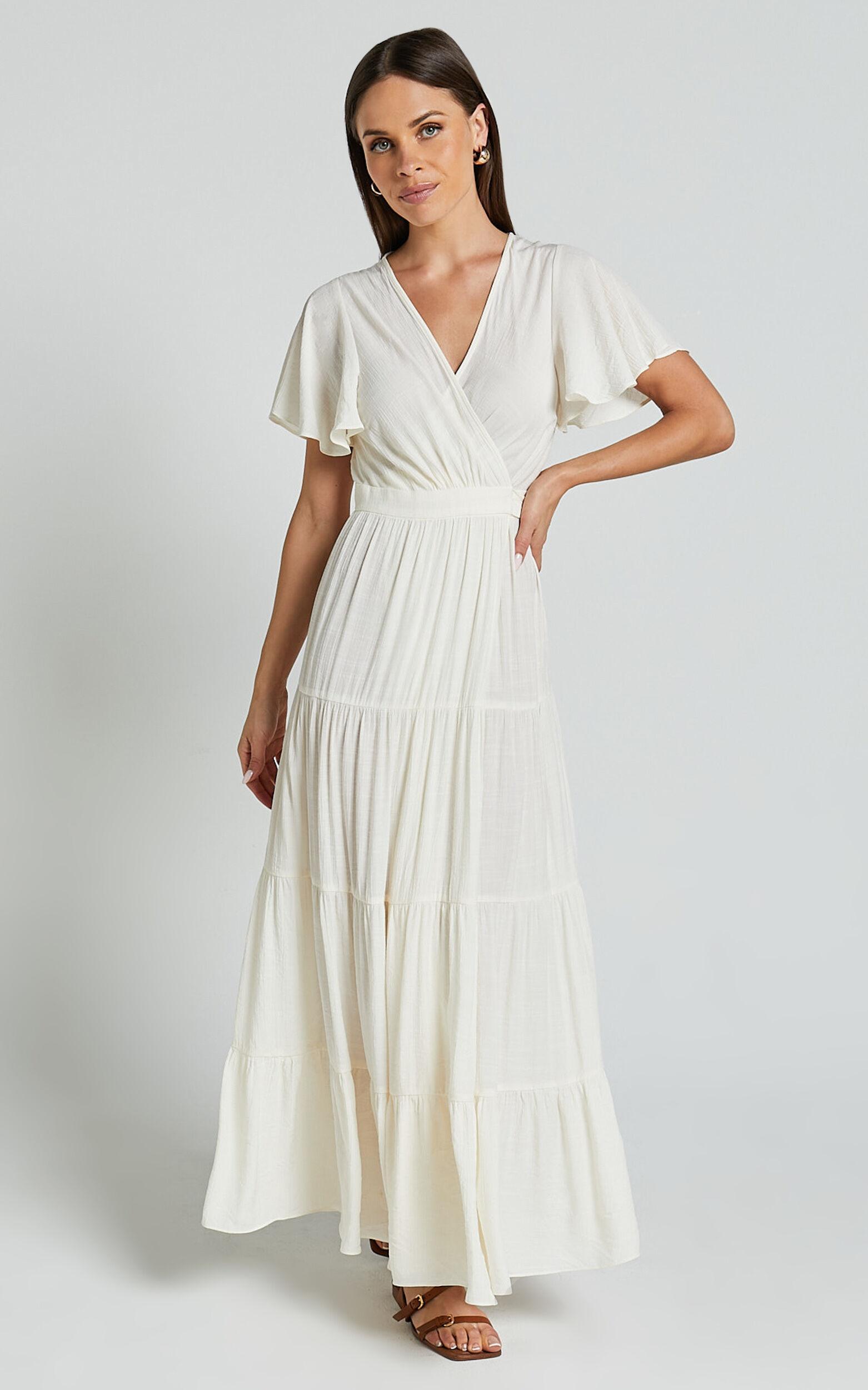 Geneva Midi Dress - Short Flutter Sleeve Wrap Dress in Off White Product Image