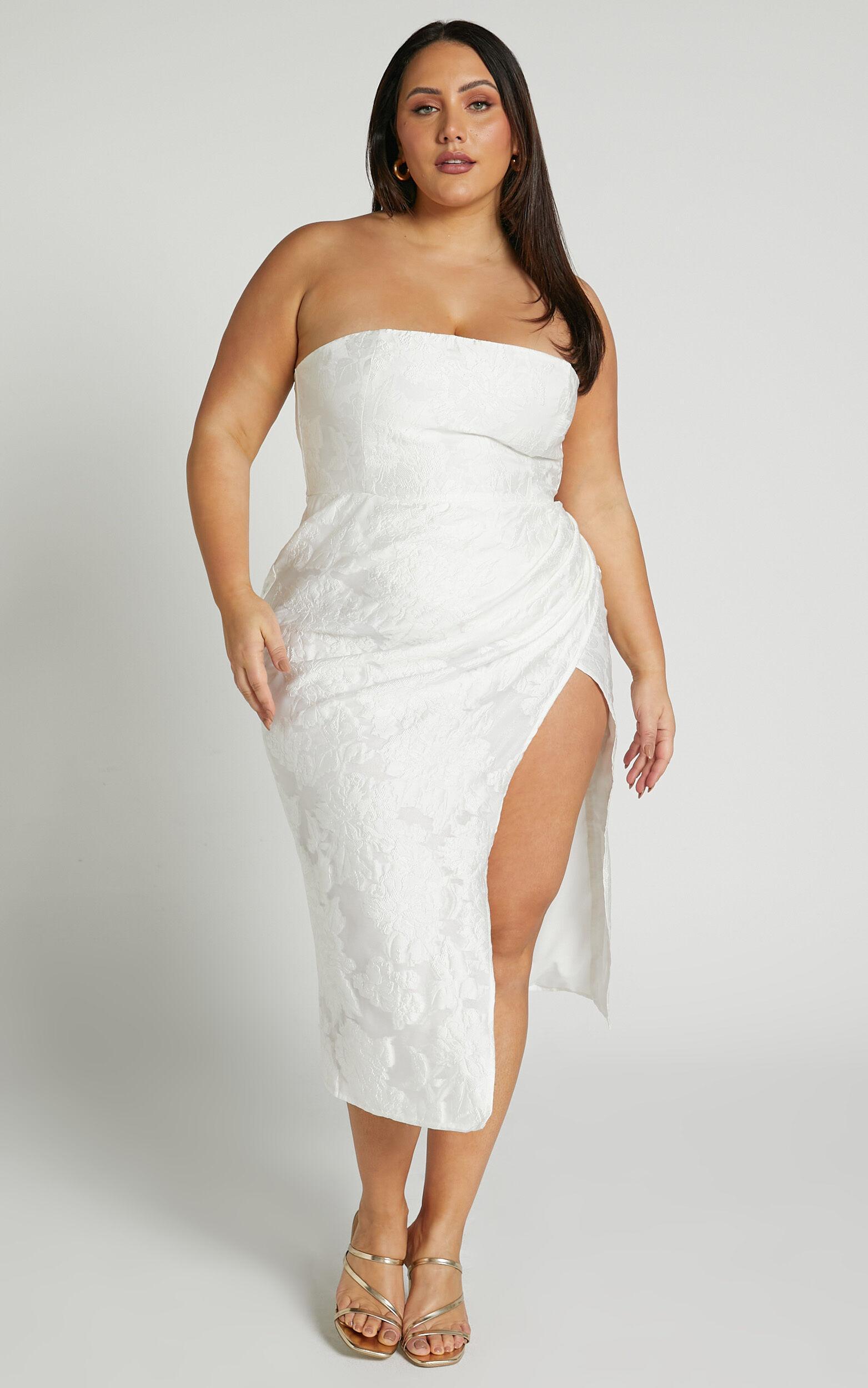 Brailey Midi Dress - Thigh Split Strapless Dress in White Jacquard Product Image