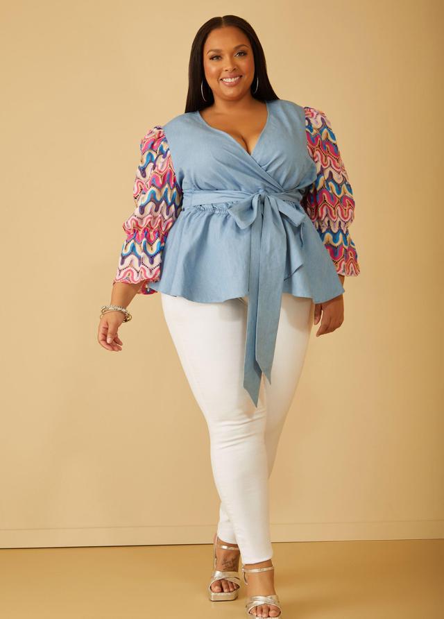 Plus Size Crochet Sleeved Chambray Top Ashley Stewart Product Image