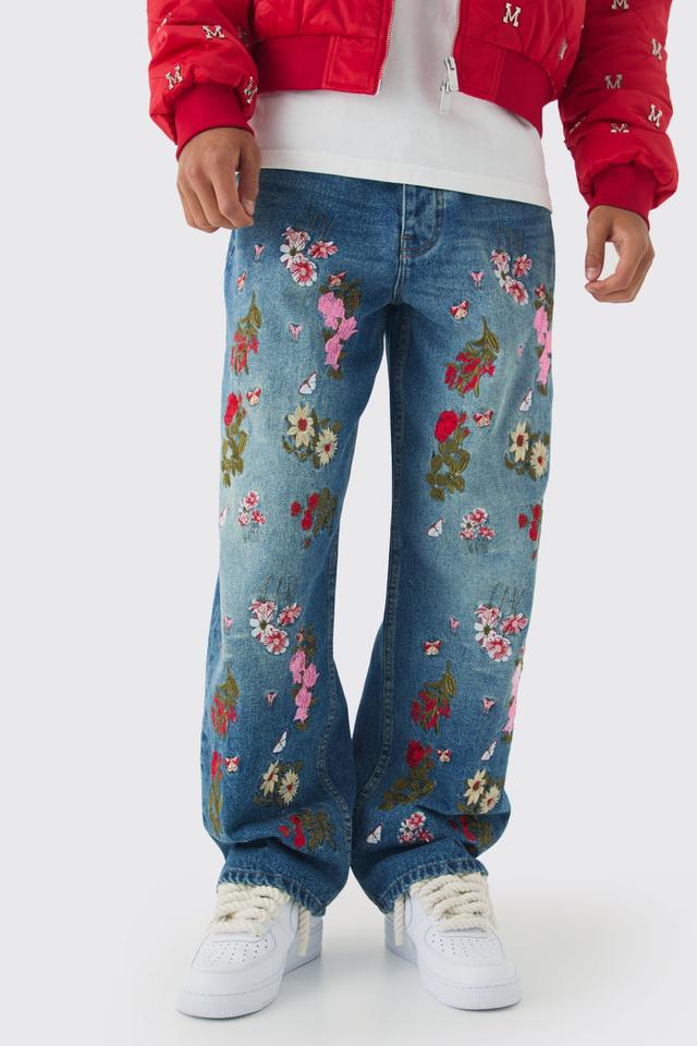 Baggy Fit Rigid Floral Embroidered Jeans | boohooMAN USA Product Image