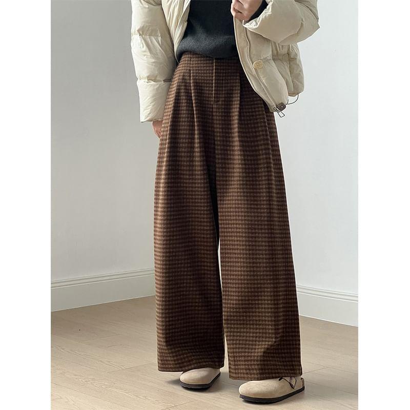 High Waist Plaid Wide Leg Pants Product Image