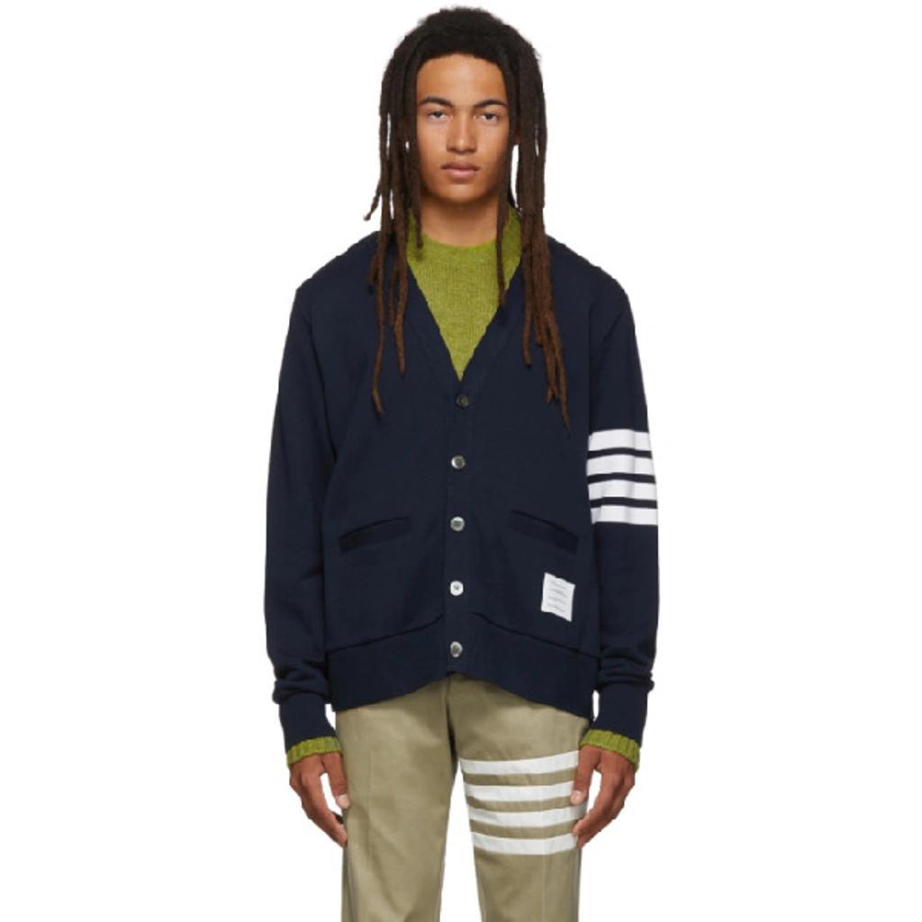 Four-bar Sleeve-stripe Cotton Cardigan In Blue Product Image