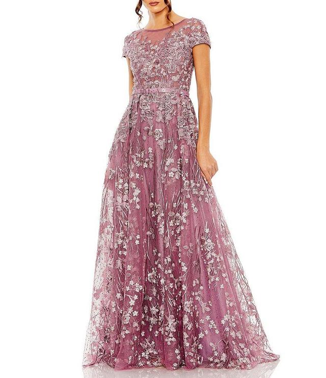 Mac Duggal Floral Embellished Round Neck Cap Sleeve A-Line Gown Product Image