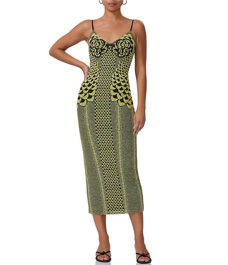 AFRM Amina Abstract Printed Mesh V Neck Sleeveless Midi Dress Product Image