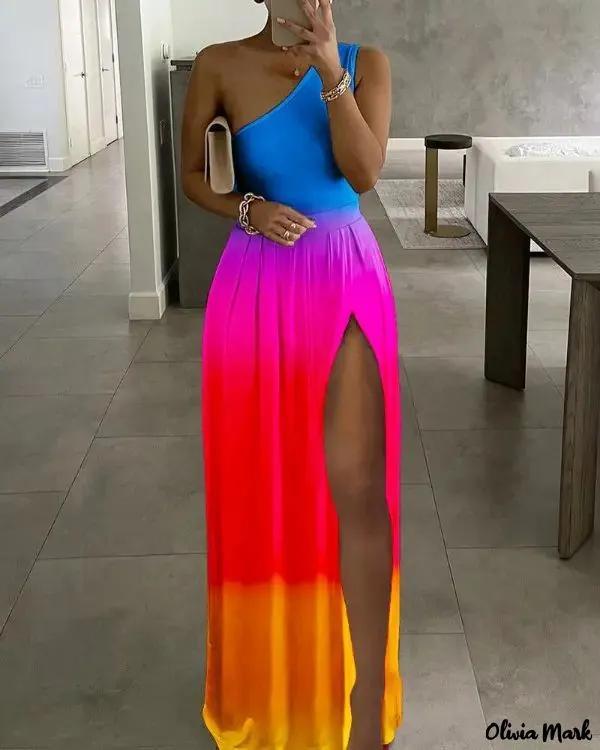 Olivia Mark – Ombre One Shoulder High Slit Maxi Dress Product Image