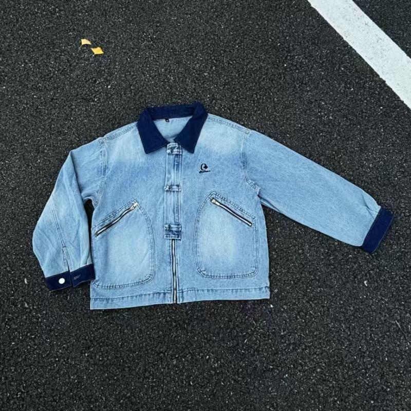 Collared Contrast Trim Embroidered Washed Zip-Up Denim Jacket Product Image