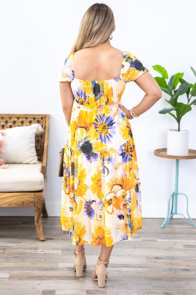 Yellow Floral Print Chiffon Midi Dress Product Image