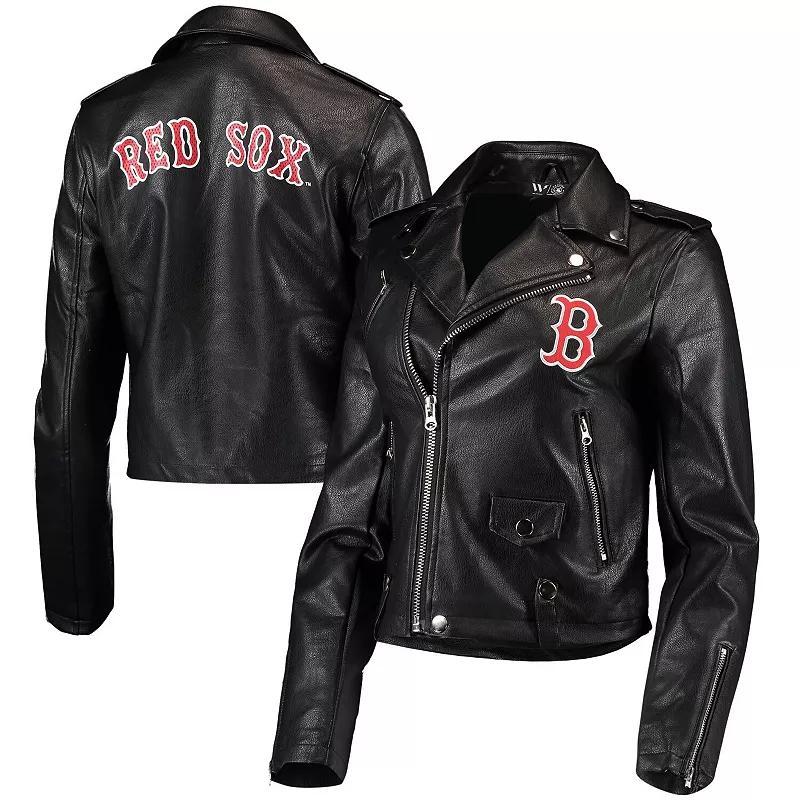 Womens The Wild Collective Black Boston Red Sox Faux Leather Moto Full-Zip Jacket Product Image