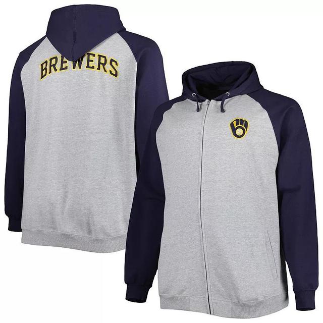 Mens Heather Gray/Navy Milwaukee Brewers Big & Tall Raglan Hoodie Full-Zip Sweatshirt Product Image