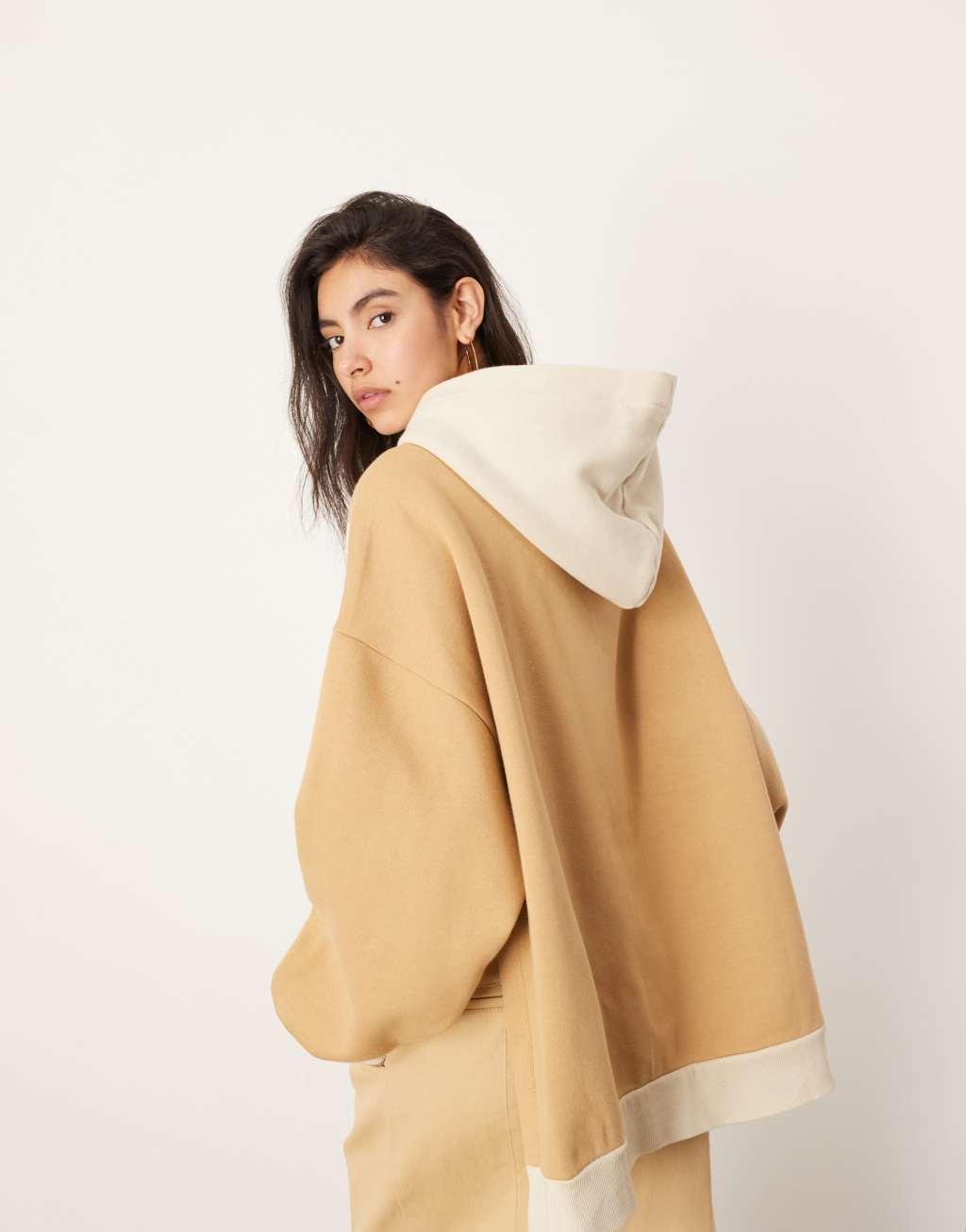 ASOS EDITION oversized split hem color block hoodie in camel and oat Product Image