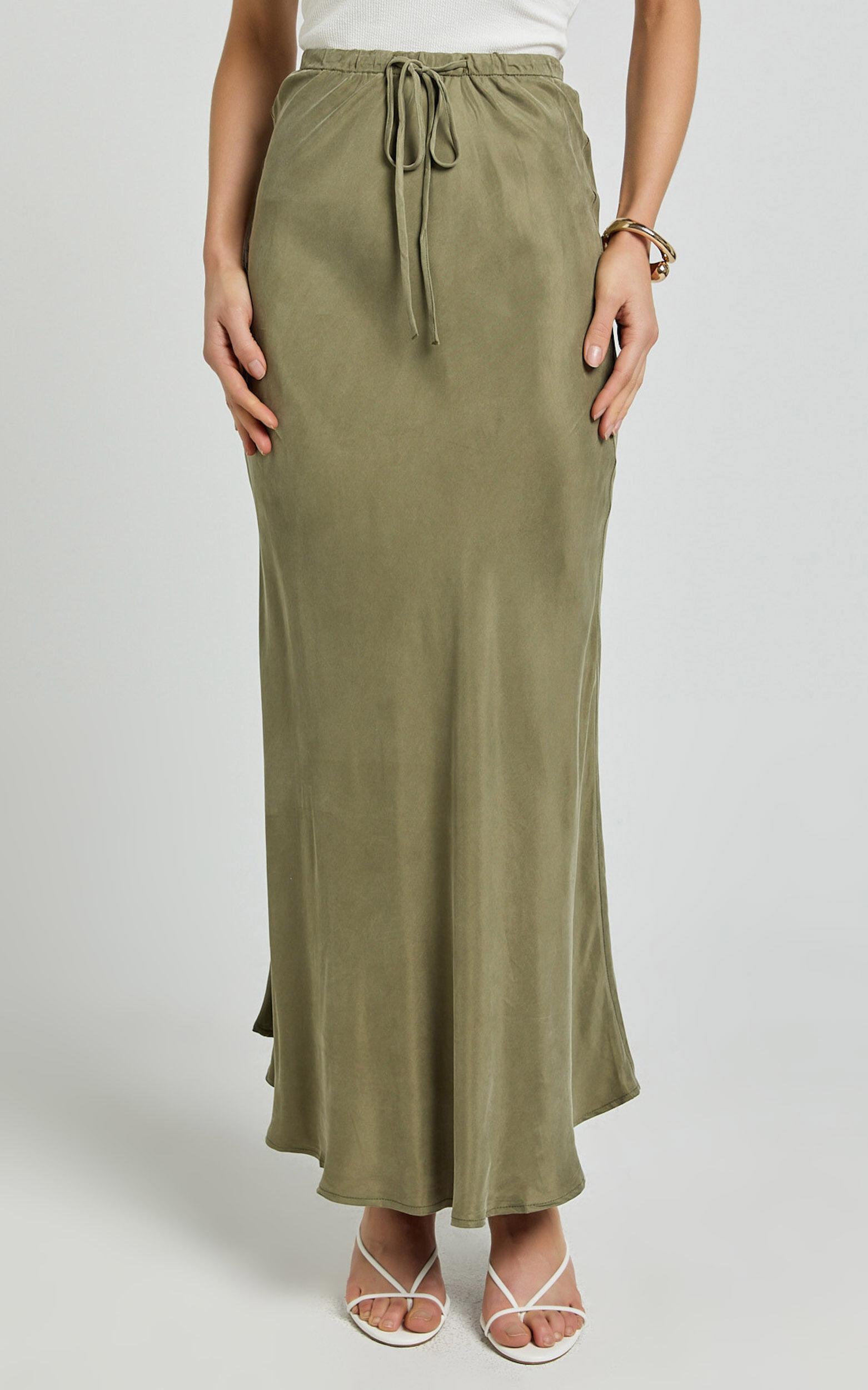 Wilhelmine Maxi Skirt - Cupro High Waisted Drawstring Slip Skirt in Moss Product Image