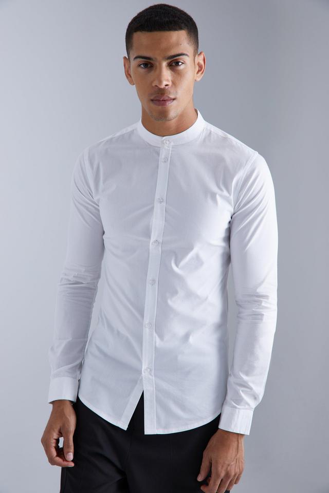 Long Sleeve Grandad Collar Stretch Fit Shirt | boohooMAN USA Product Image