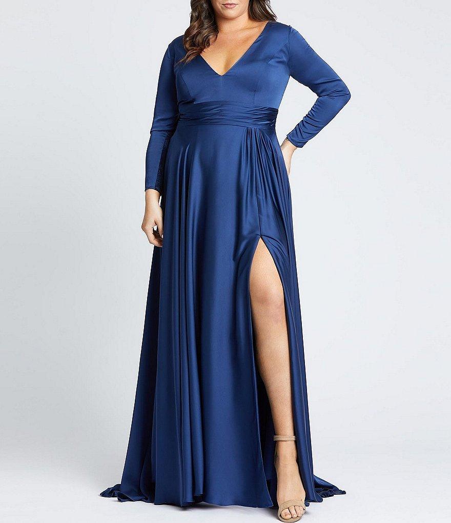 Mac Duggal Plus Size Satin V-Neck Long Sleeve Side Slit A-Line Gown Product Image