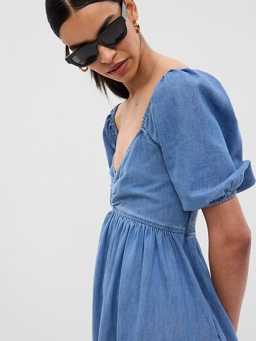 Puff Sleeve Denim Mini Dress with Washwell Product Image