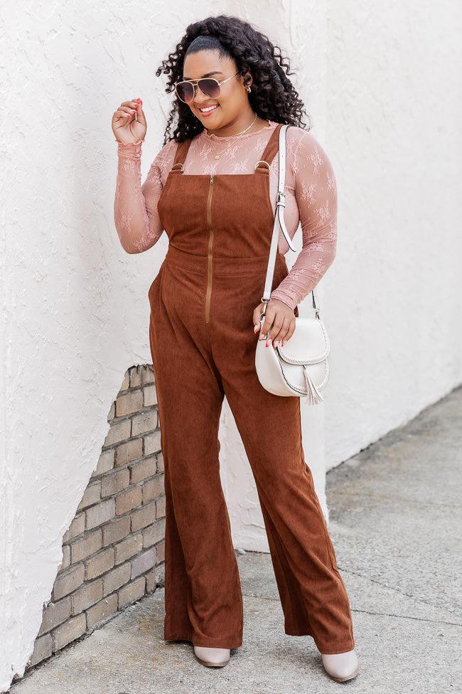 Perfect For You Brown Corded Zip Up Overalls FINAL SALE Product Image