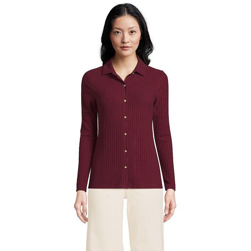 Womens Lands End Long-Sleeve Ribbed Button-Front Polo Top Product Image