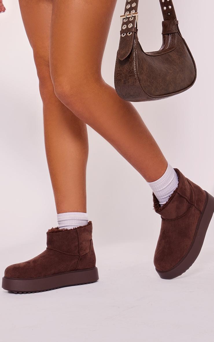 Chocolate Faux Suede Round Toe Thick Flat Sole Ankle Boots product image