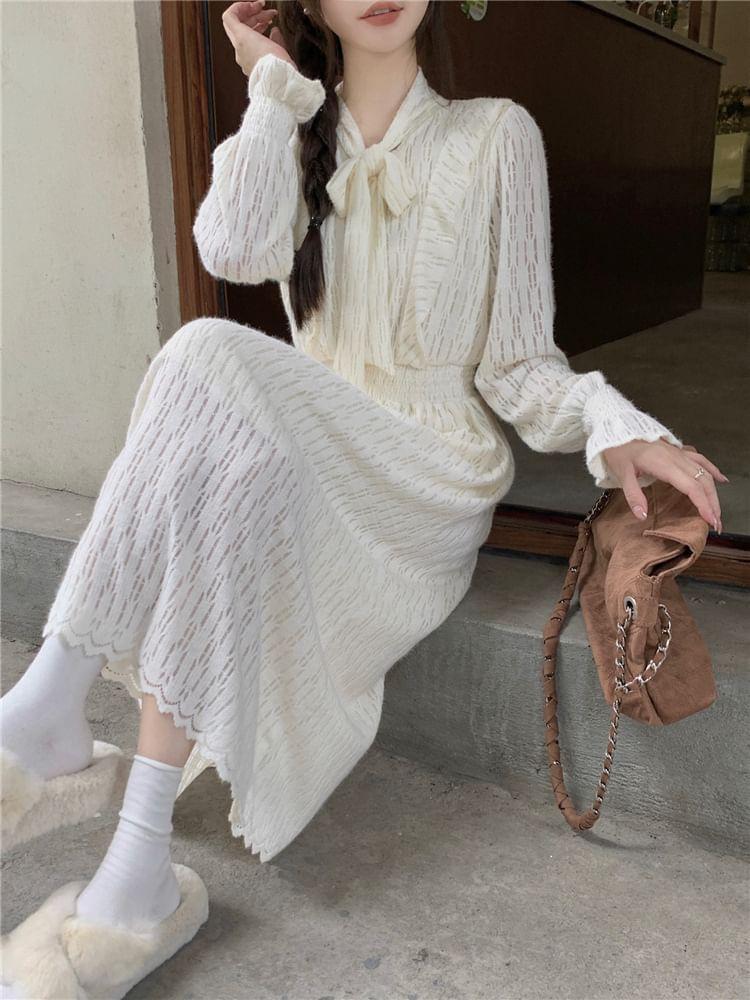 Long-Sleeve Tie-Neck Plain Lace Midi A-Line Dress Product Image