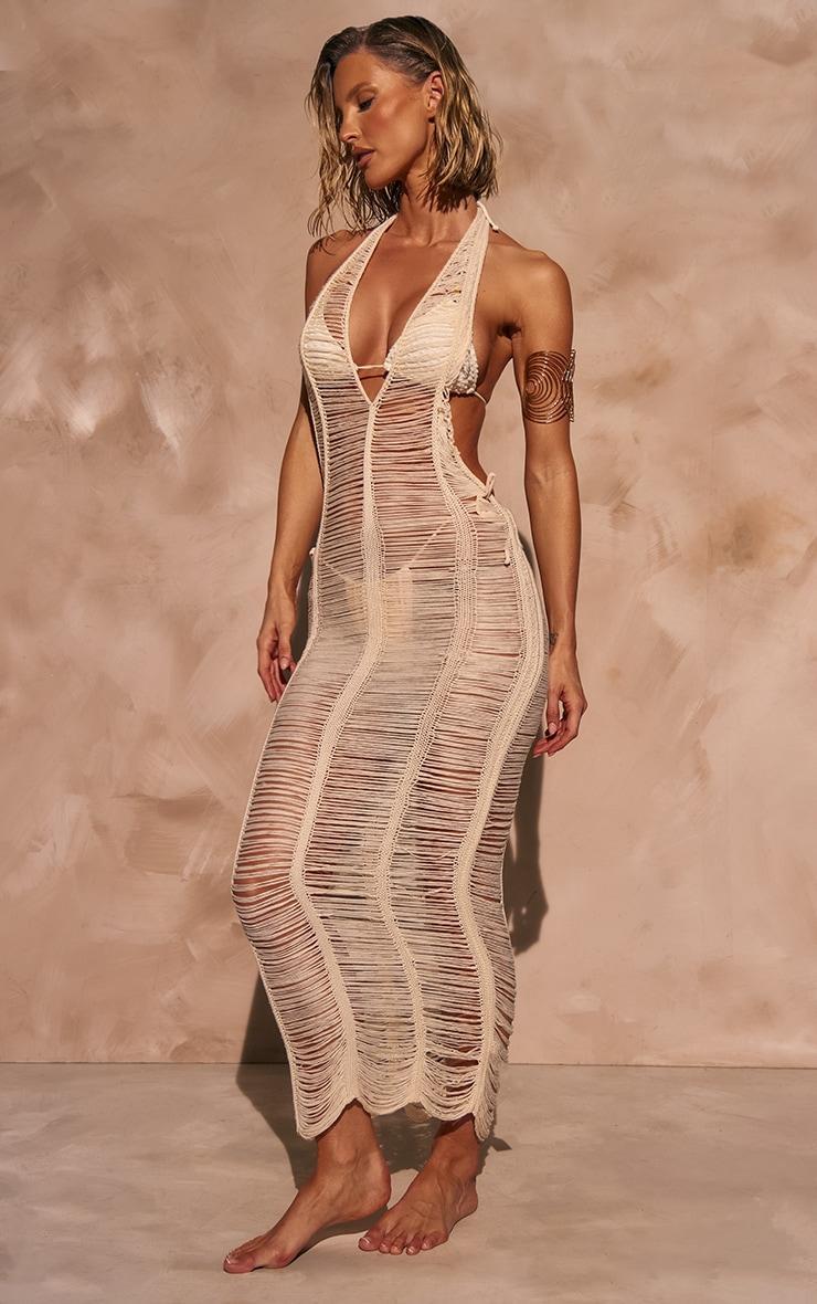 Cream Laddered Plunge Maxi Beach Dress Product Image