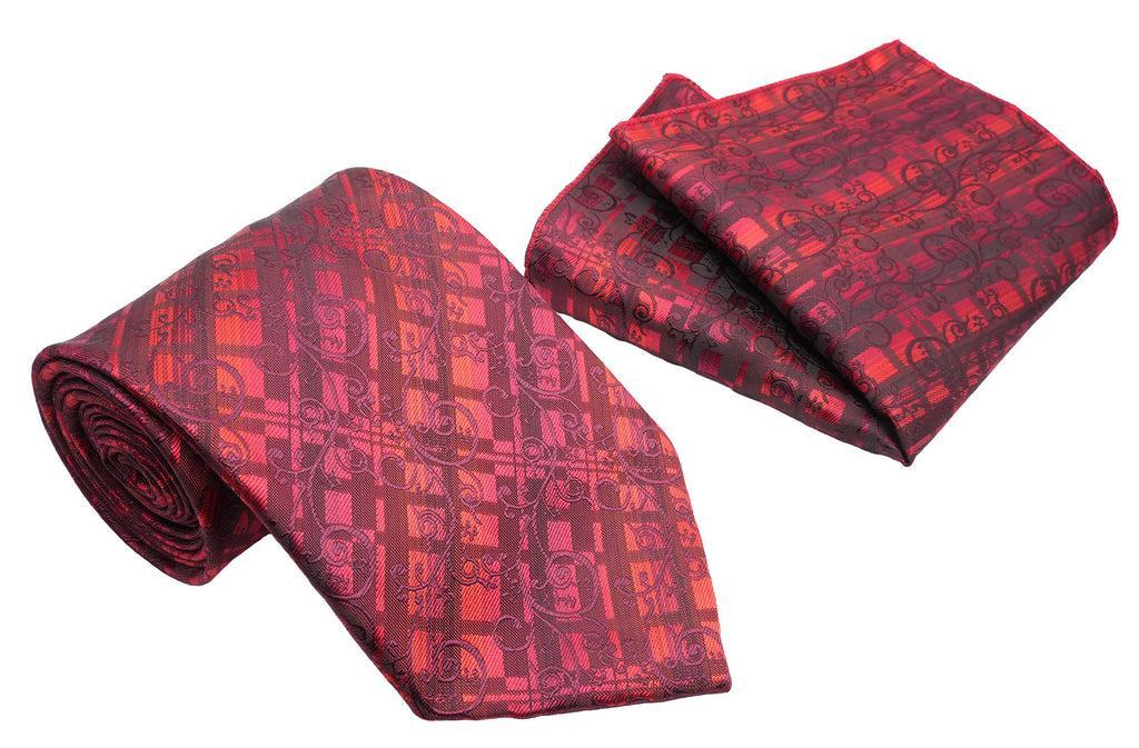 Red Tone-on-ton Plaid Scroll Pattern Men's Classic Tie and Pocket Square Set Product Image