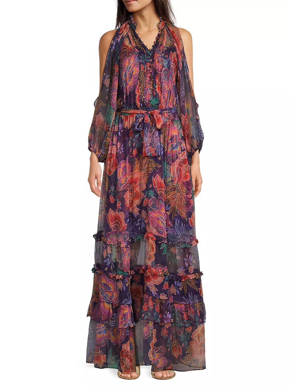 Ashlee Floral Silk Tiered Maxi Dress Product Image