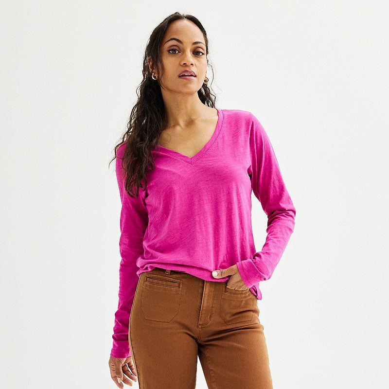 Petite Sonoma Goods For Life Everyday V-Neck Long Sleeve Tee, Womens Flash Pink Product Image