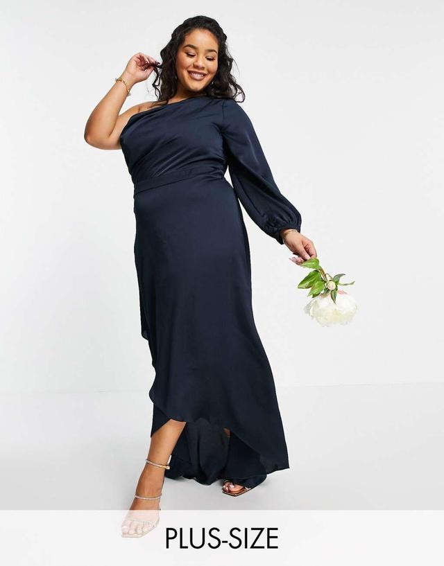 TFNC Plus Bridesmaid satin one shoulder long sleeve maxi dress in navy Product Image