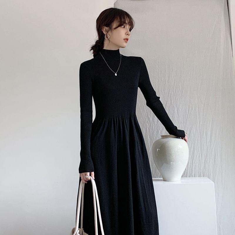 Long Sleeve Mock Neck Plain Gathered Knit A-Line Dress (Various Designs) Product Image