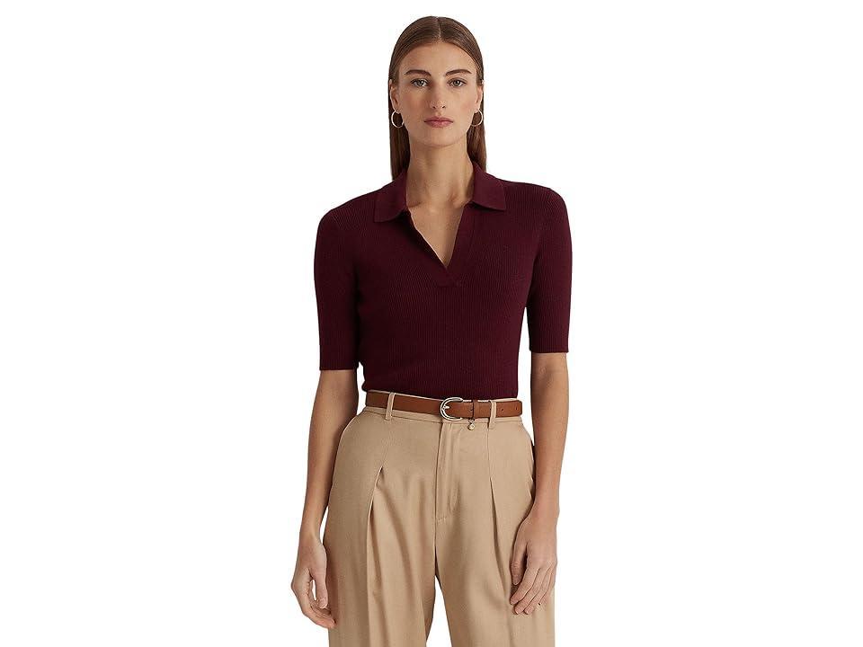 LAUREN Ralph Lauren Rib-Knit Cotton-Blend Polo Sweater (Vintage Burgundy) Women's Clothing Product Image