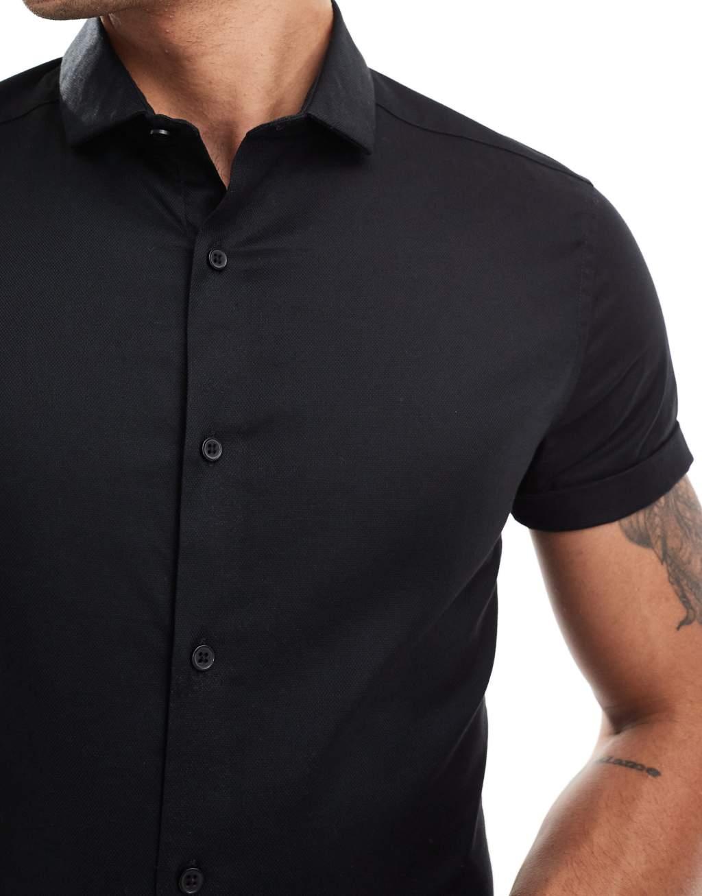 ASOS DESIGN skinny fit royal oxford shirt with cutaway collar in black Product Image