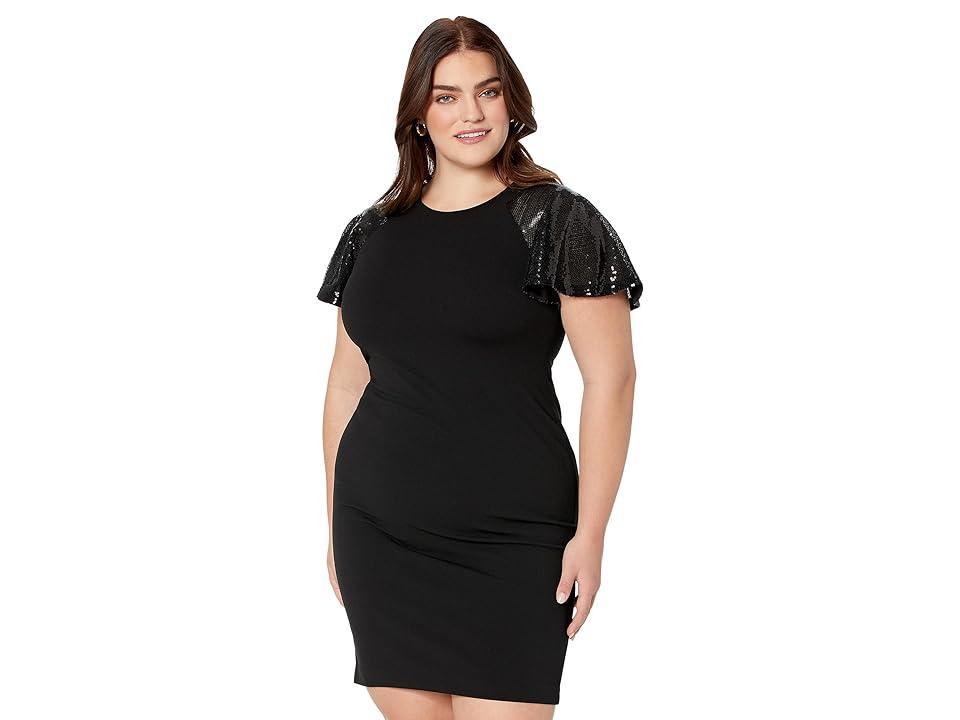 Calvin Klein Scuba Crepe Sheath Dress with Sequin Flutter Sleeve Black 1) Women's Dress Product Image