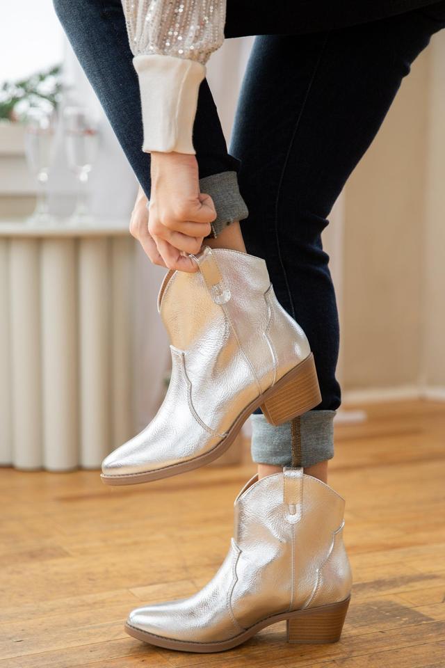 Silver Metallic Point Toe Western Booties Product Image