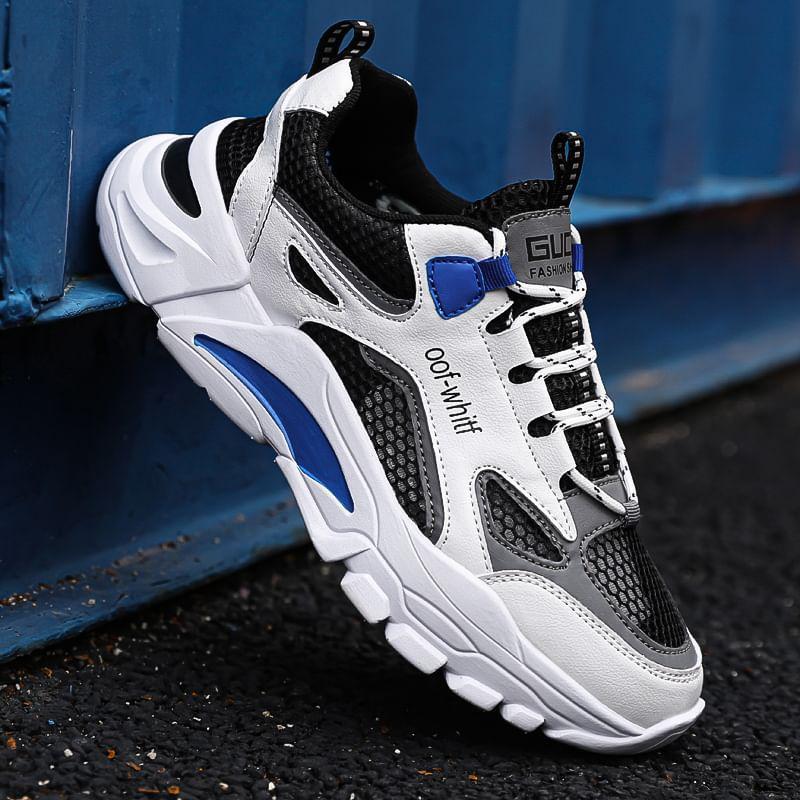 Lettering Mesh Panel Lace-Up Platform Sneakers Product Image