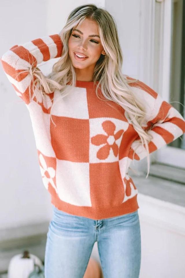 Olivia Mark – Checkered Floral Print Striped Sleeve Sweater Product Image