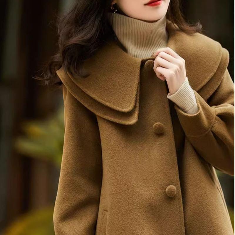 Layered Collar Plain Button Coat Product Image